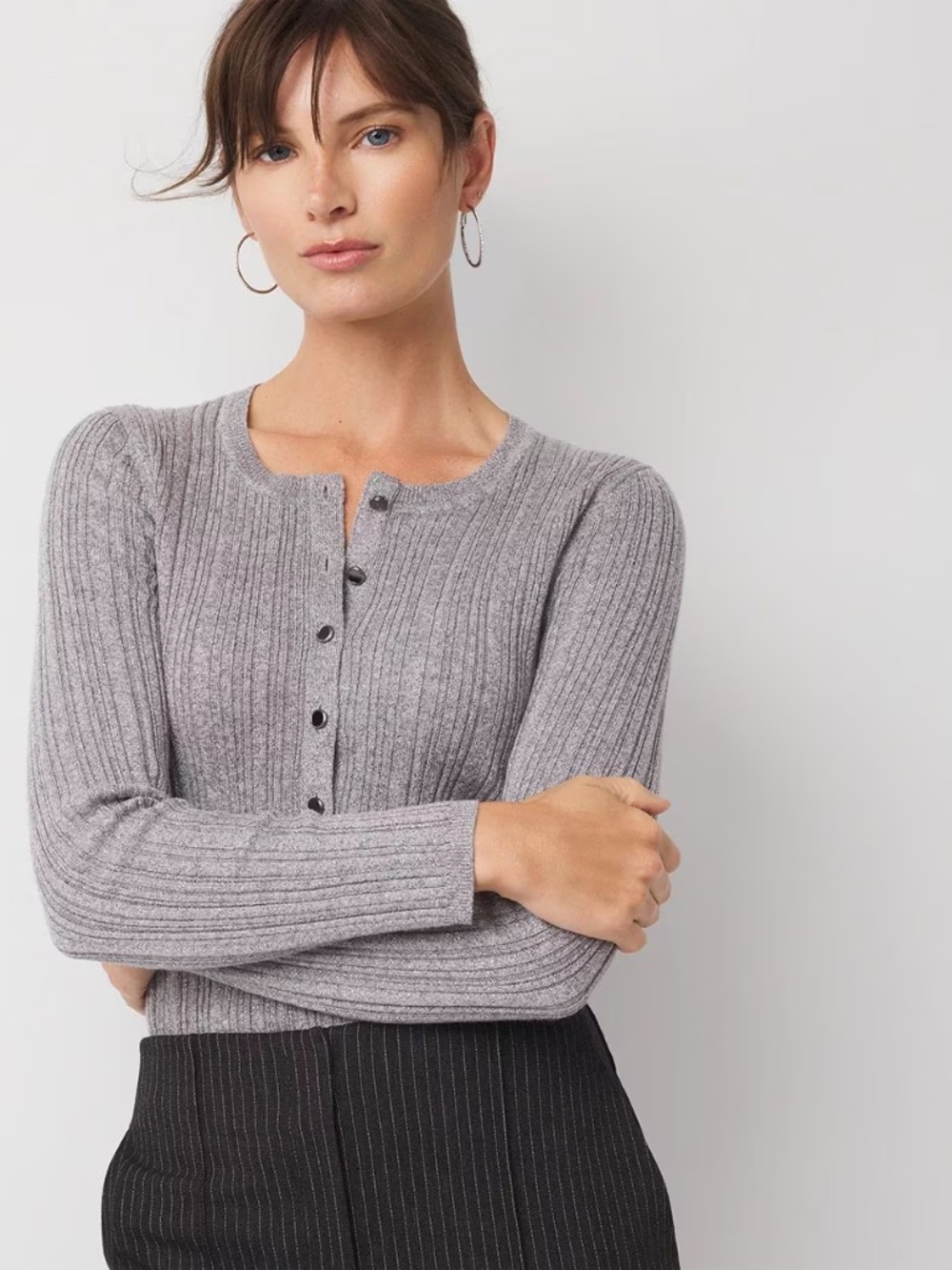WHBM Heather Gray, Silver, Shimmer Long Sleeve Lurex Henley Sweater NWT  M